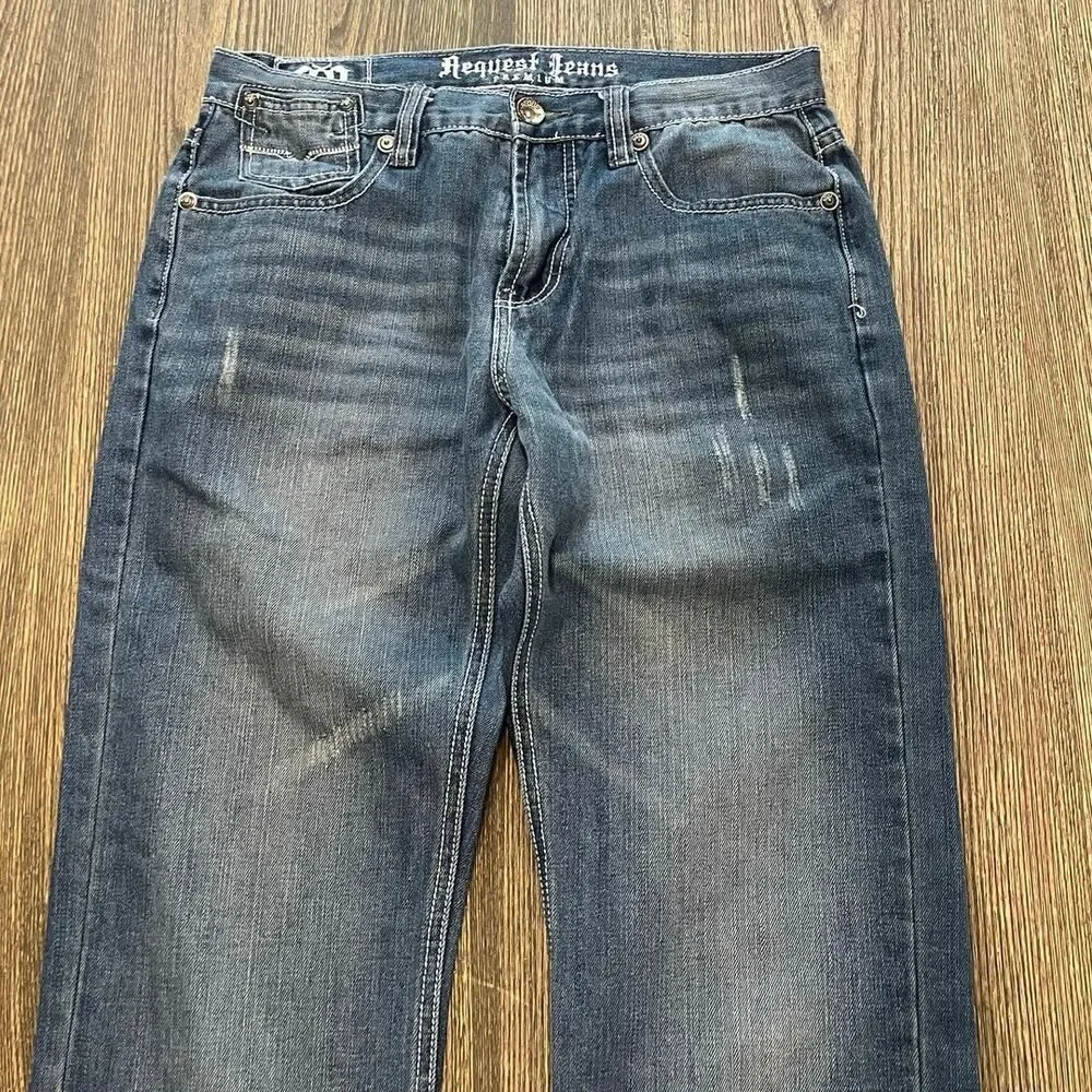 Request Jeans Straight Leg Mid Rise Distressed Denim Medium Wash Blue Size 32x32